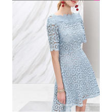 Flower Lace off-Shoulder Light Blue Half Sleeve Women′s Dress